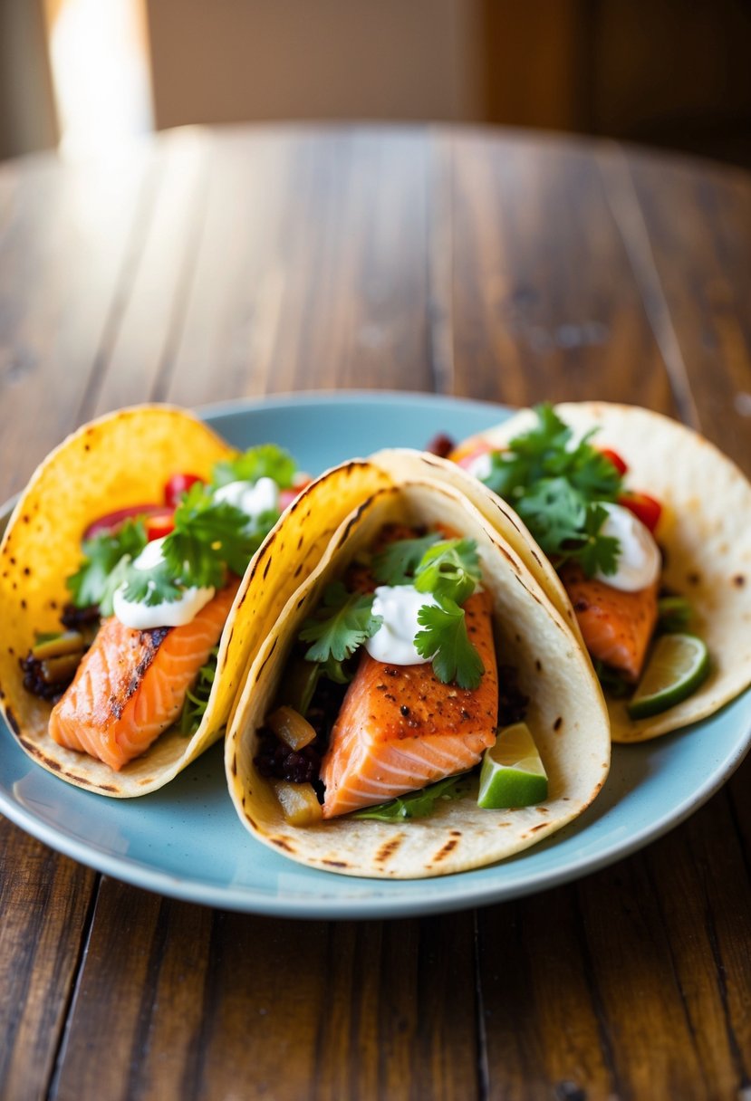 A platter of grilled salmon tacos with fresh toppings on a wooden table