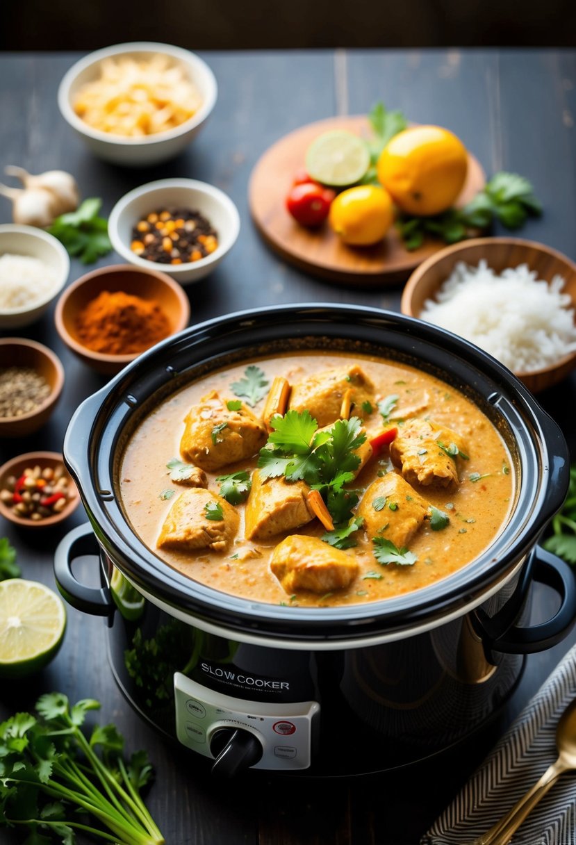 A slow cooker filled with Thai Coconut Chicken Curry surrounded by fresh ingredients and spices