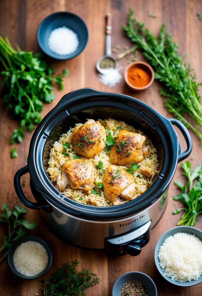 A slow cooker filled with herbed chicken and rice, surrounded by fresh herbs and spices