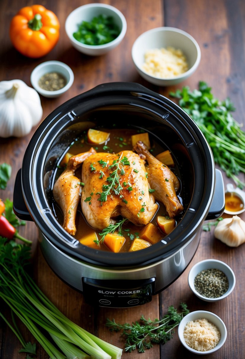 A slow cooker filled with honey garlic chicken, surrounded by gluten-free ingredients like vegetables and herbs