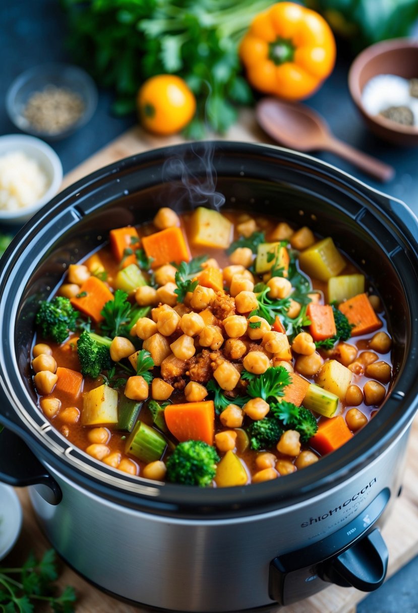 A colorful array of vegetables and chickpeas simmering in a slow cooker, emitting a tantalizing aroma of savory spices