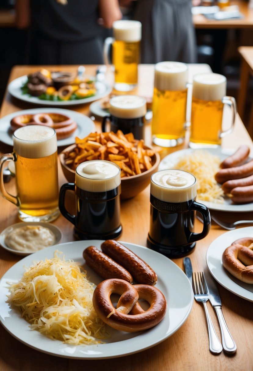 A table set with traditional German dishes, including sausages, sauerkraut, pretzels, and beer steins