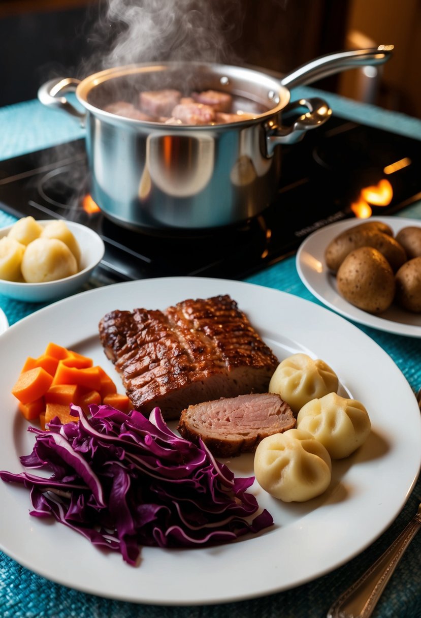 A table set with sauerbraten, red cabbage, and potato dumplings. A steaming pot of sauerbraten simmers on the stove