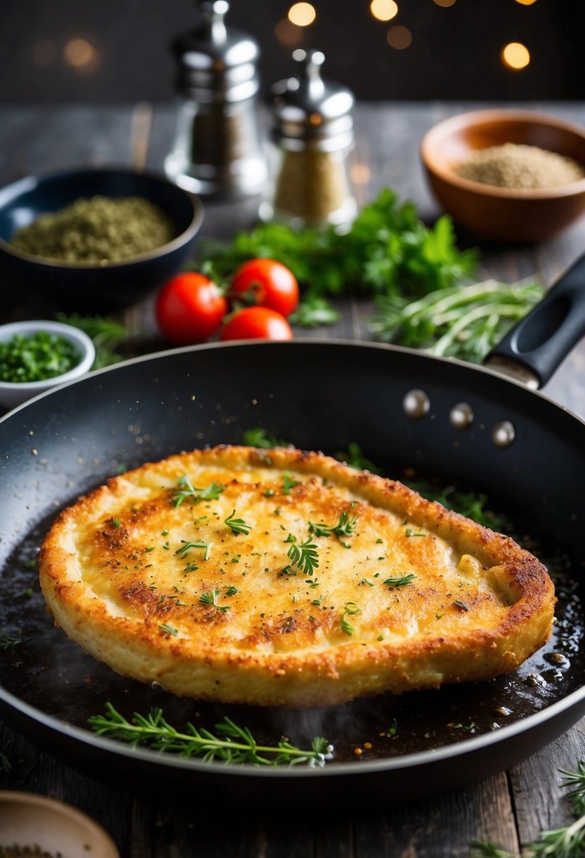 A sizzling schnitzel frying in a pan, surrounded by herbs and spices