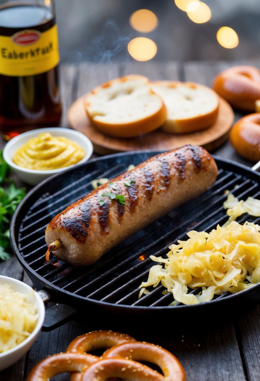 A sizzling bratwurst cooks on a grill, surrounded by traditional German ingredients like sauerkraut, mustard, and pretzels