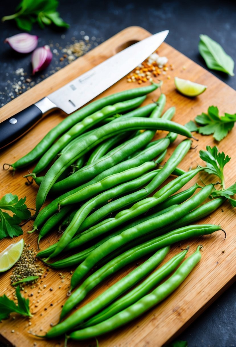 Fresh green beans arranged on a wooden cutting board with a knife and various seasonings scattered around