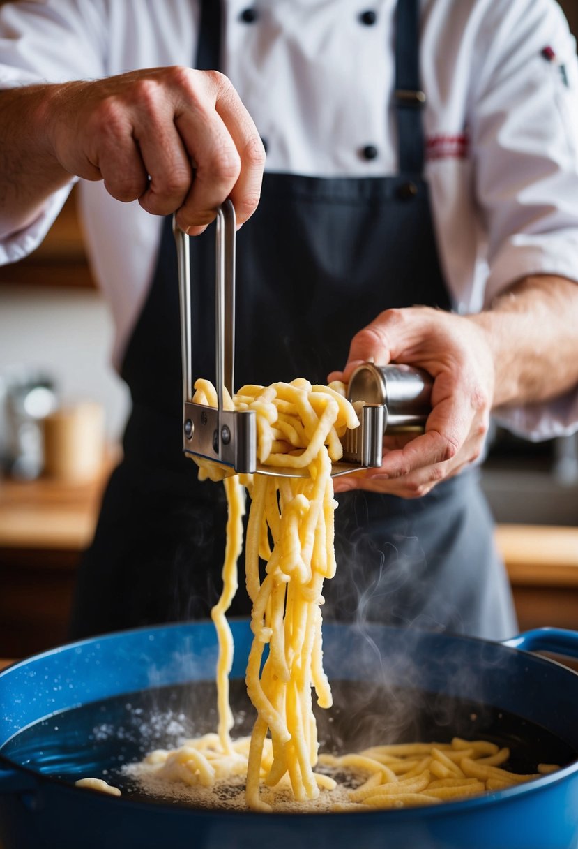 A chef prepares traditional German spaetzle in a rustic kitchen setting. The dough is being pressed through a spaetzle maker into boiling water