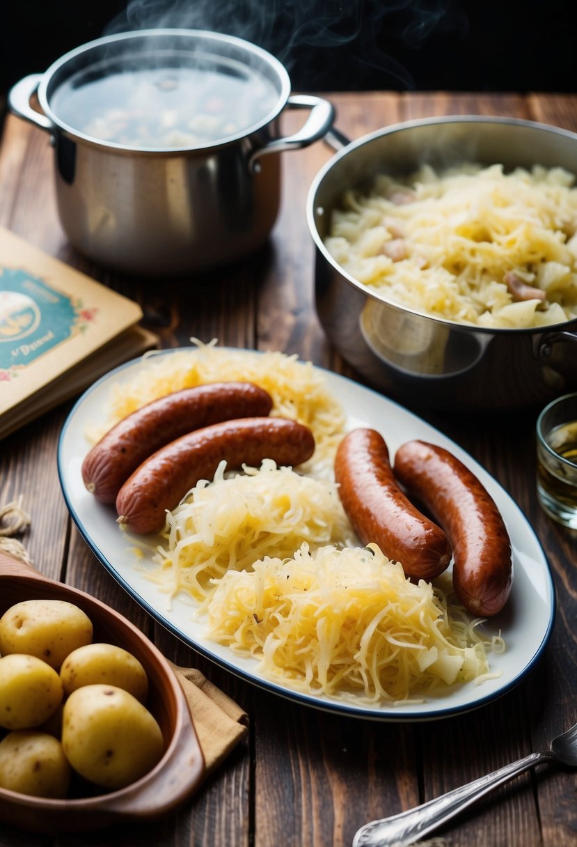 A wooden table with a spread of sauerkraut, sausages, and potatoes. A steaming pot and a vintage cookbook lie nearby