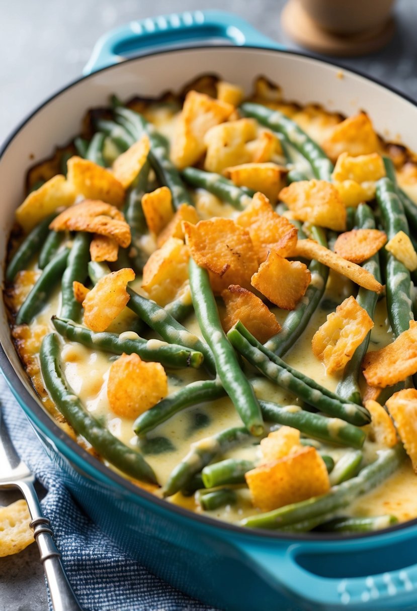 A bubbling casserole dish filled with green beans, creamy sauce, and topped with crispy golden onions