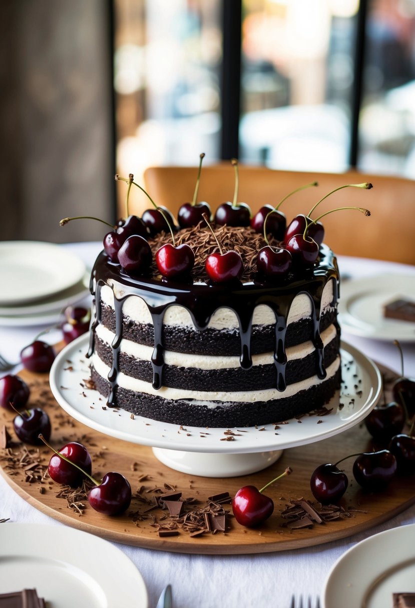 A table set with a decadent Black Forest Cake surrounded by fresh cherries and chocolate shavings