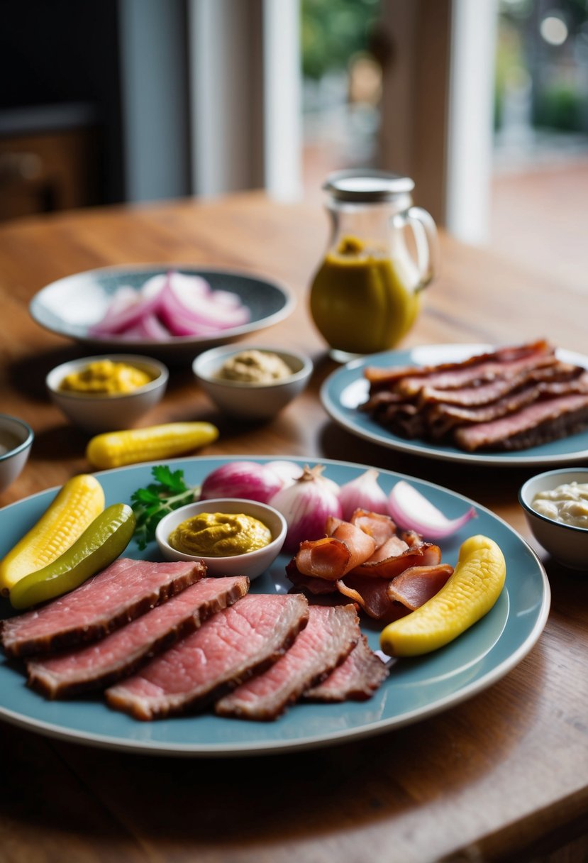 A table set with traditional German ingredients: thin beef slices, bacon, onions, mustard, and pickles, ready for making Rouladen