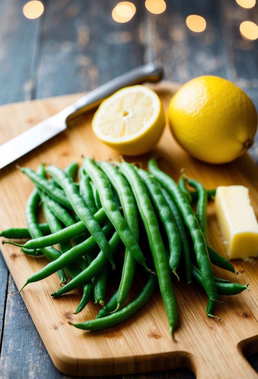 Fresh green beans arranged on a cutting board, with a lemon and stick of butter nearby