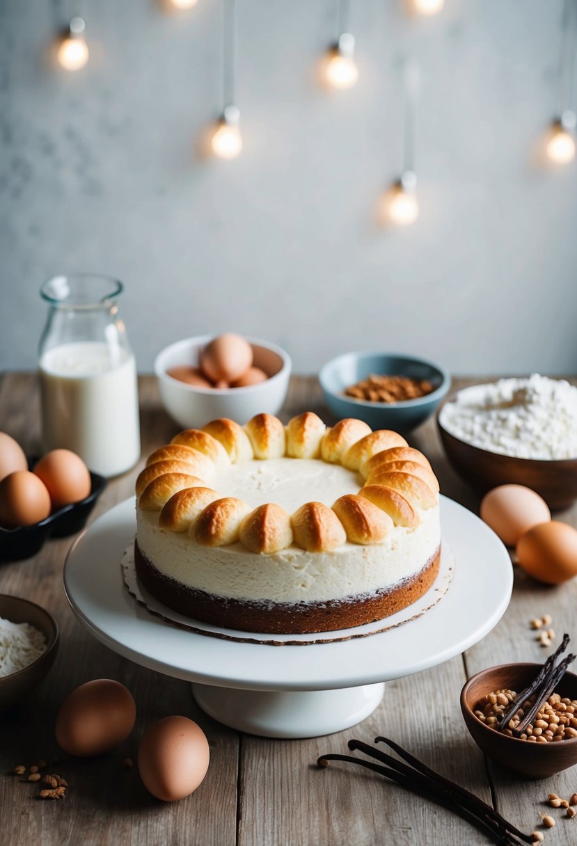 A table set with a freshly baked quark cake surrounded by ingredients like eggs, flour, and vanilla beans