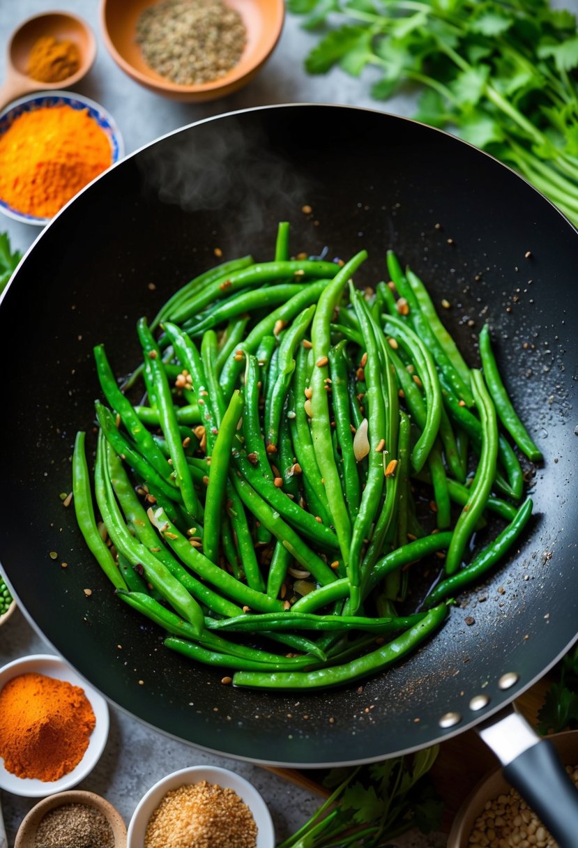 A sizzling wok filled with vibrant green Szechuan green beans, surrounded by a colorful array of fresh ingredients and aromatic spices