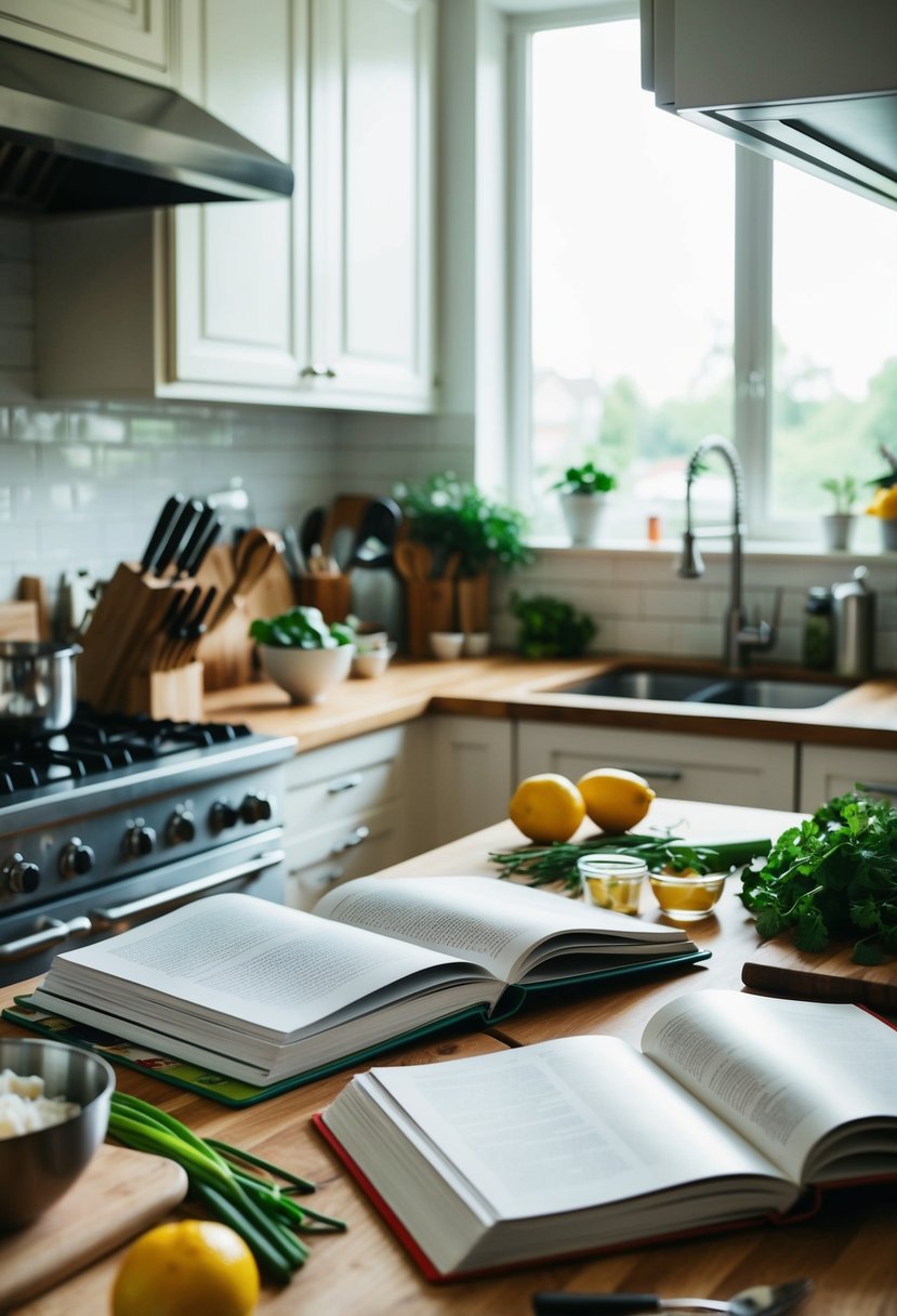 A cluttered kitchen counter with open cookbooks, fresh ingredients, and cooking utensils scattered around