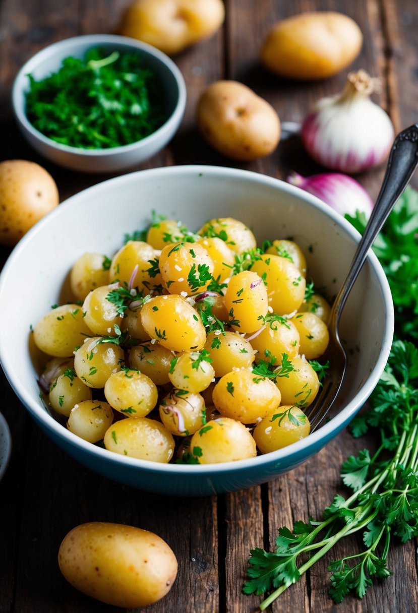 A rustic kitchen table with a bowl of Kartoffelsalat, surrounded by fresh ingredients like potatoes, onions, and herbs