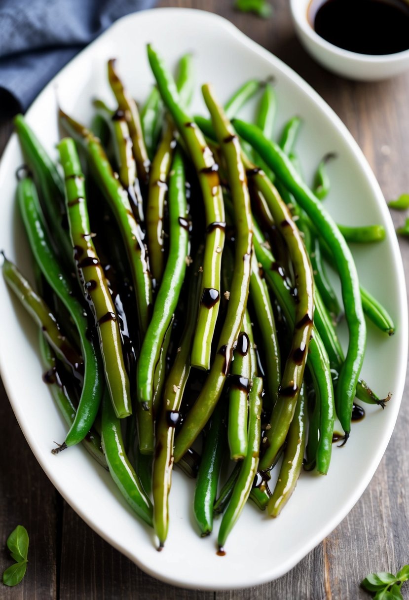 Fresh green beans coated in a rich balsamic glaze, glistening on a white serving platter