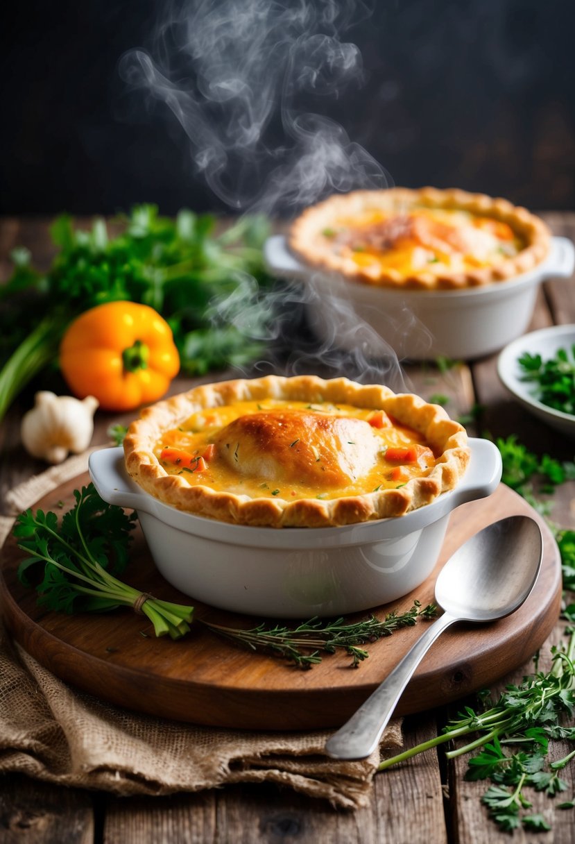 A steaming chicken pot pie sits on a rustic wooden table, surrounded by fresh herbs and vegetables. A golden, flaky crust covers the bubbling filling