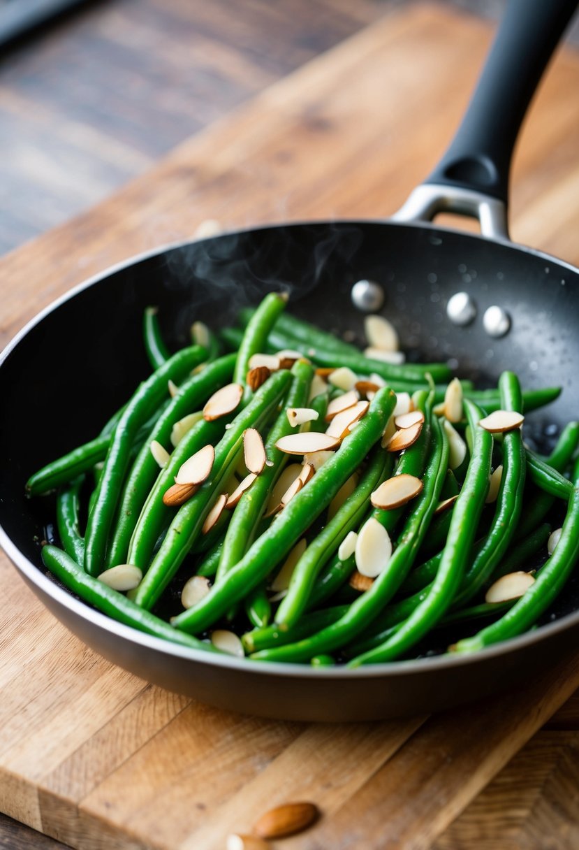 Fresh green beans being sautéed with sliced almonds in a sizzling pan