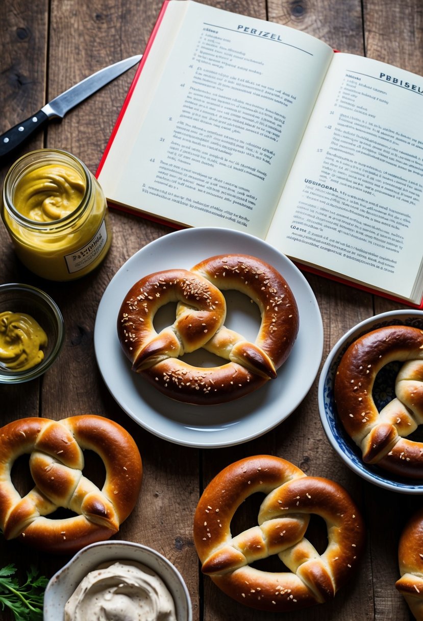 A rustic kitchen table with a variety of freshly baked pretzels, a jar of mustard, and a traditional German recipe book open to a pretzel recipe