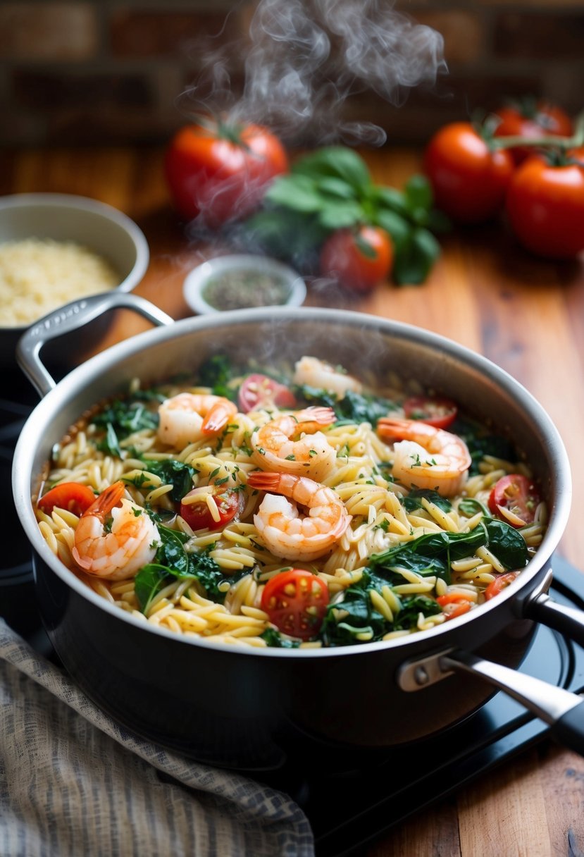 A steaming pot of orzo and shrimp simmering with tomatoes, spinach, and herbs in a cozy Tuscan kitchen