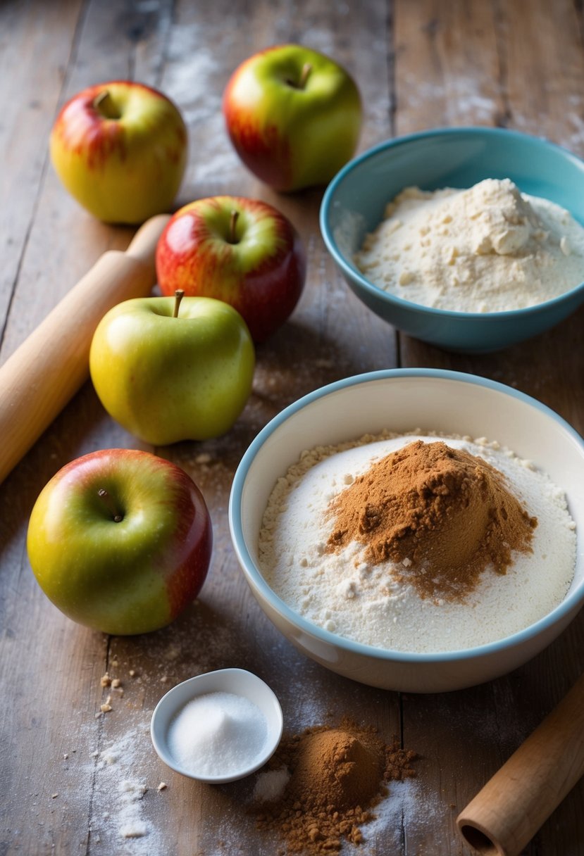 A table set with ingredients: apples, flour, sugar, and cinnamon. A rolling pin and pastry dough are ready for assembly