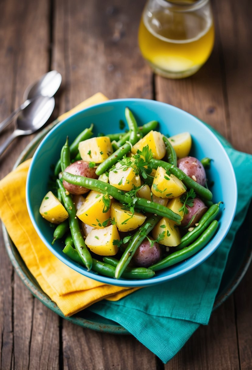 A colorful bowl of green bean and potato salad, garnished with fresh herbs and drizzled with vinaigrette, sits on a rustic wooden table