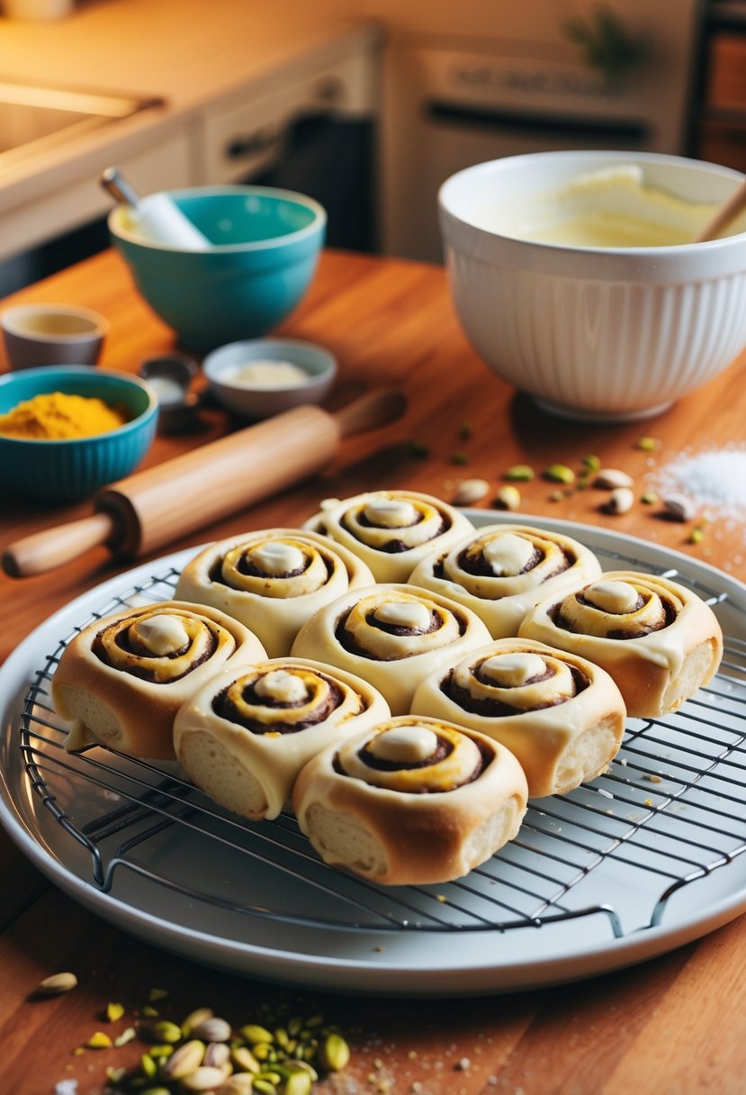 A warm kitchen with ingredients scattered on the counter, a mixing bowl, and a rolling pin. A tray of freshly baked pistachio cream cinnamon rolls cooling on a wire rack