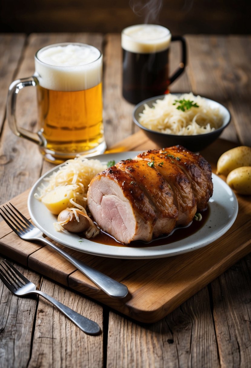 A rustic wooden table set with a steaming pork knuckle, accompanied by sauerkraut, potatoes, and a mug of beer