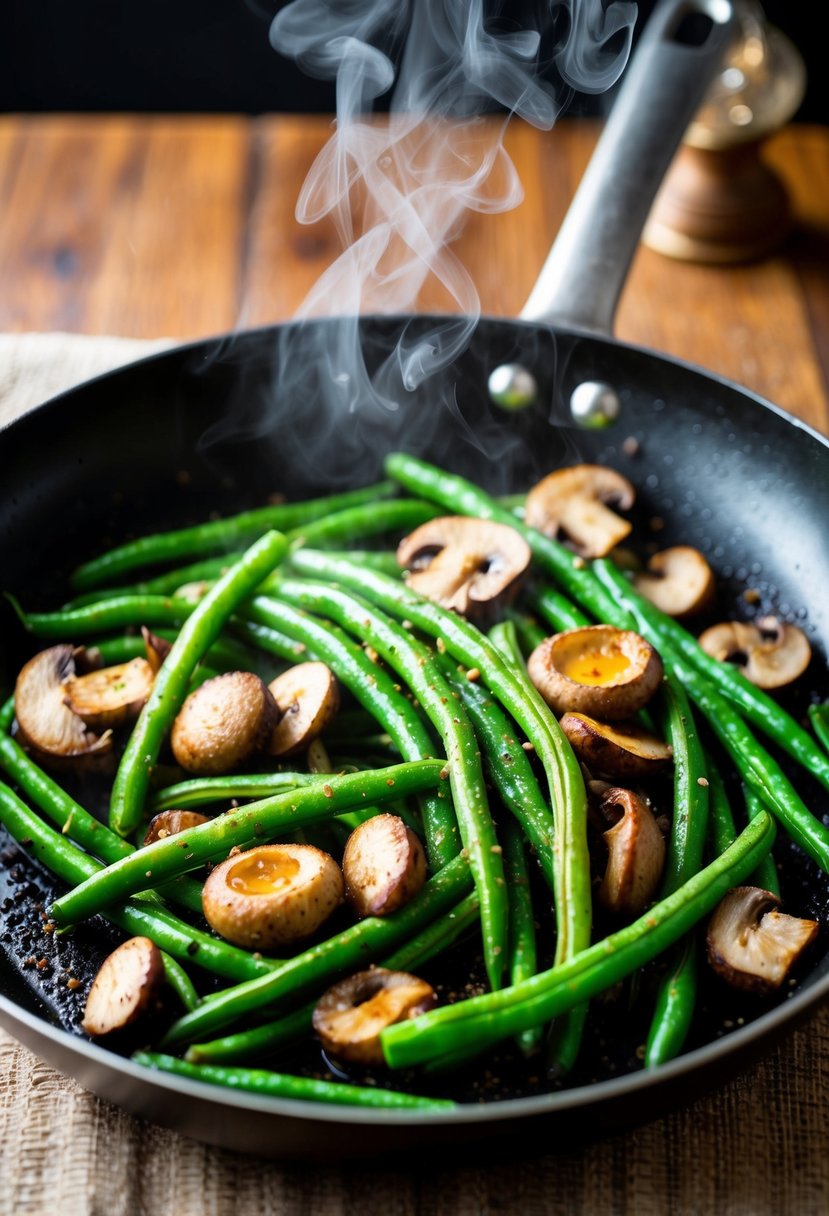 A sizzling skillet of roasted green beans and mushrooms, with steam rising and a sprinkle of seasoning