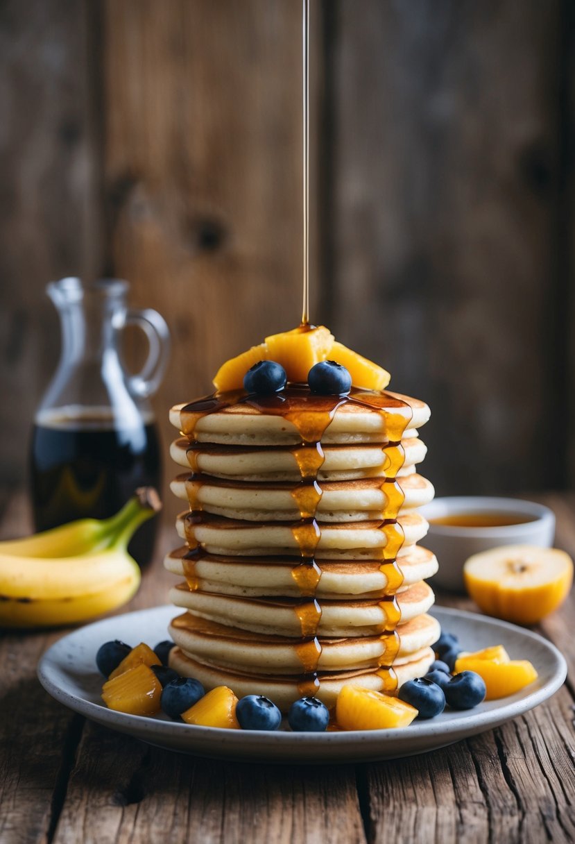 A stack of golden banana pancakes topped with fresh fruit and drizzled with maple syrup on a rustic wooden table