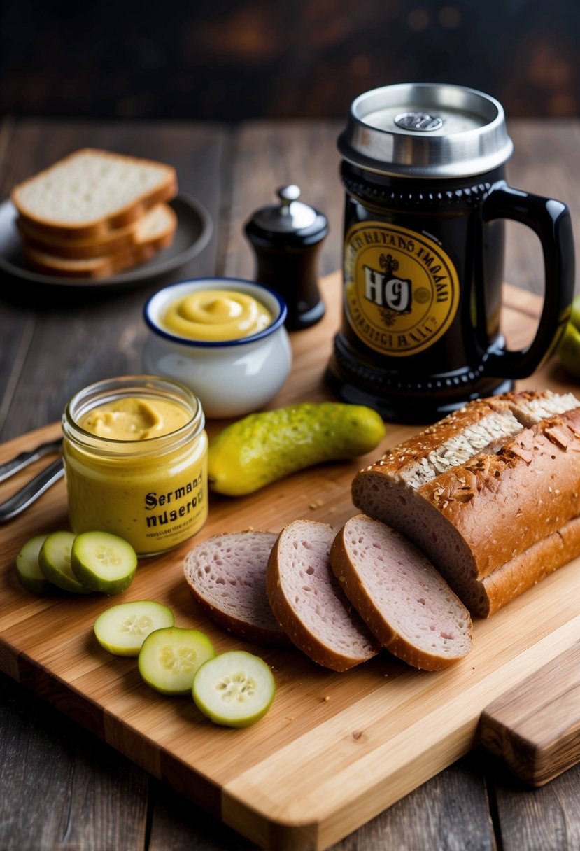 A wooden cutting board with slices of liverwurst, rye bread, and pickles, surrounded by a jar of mustard and a traditional German beer stein