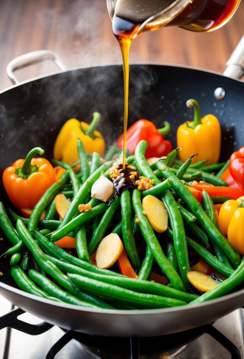 A sizzling wok filled with vibrant green beans, sliced ginger, and garlic, surrounded by colorful bell peppers and a drizzle of savory soy sauce