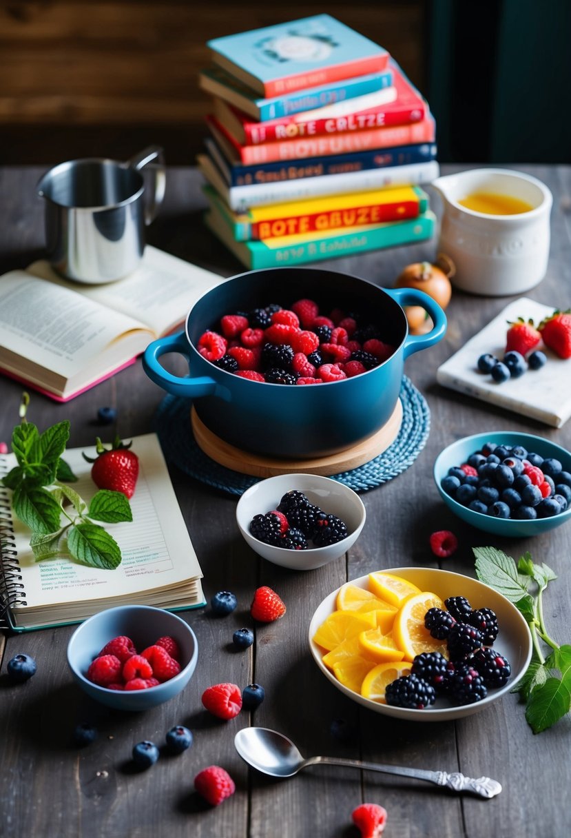 A table set with various berries, a pot, and a spoon, surrounded by recipe books and ingredients for Rote Grütze