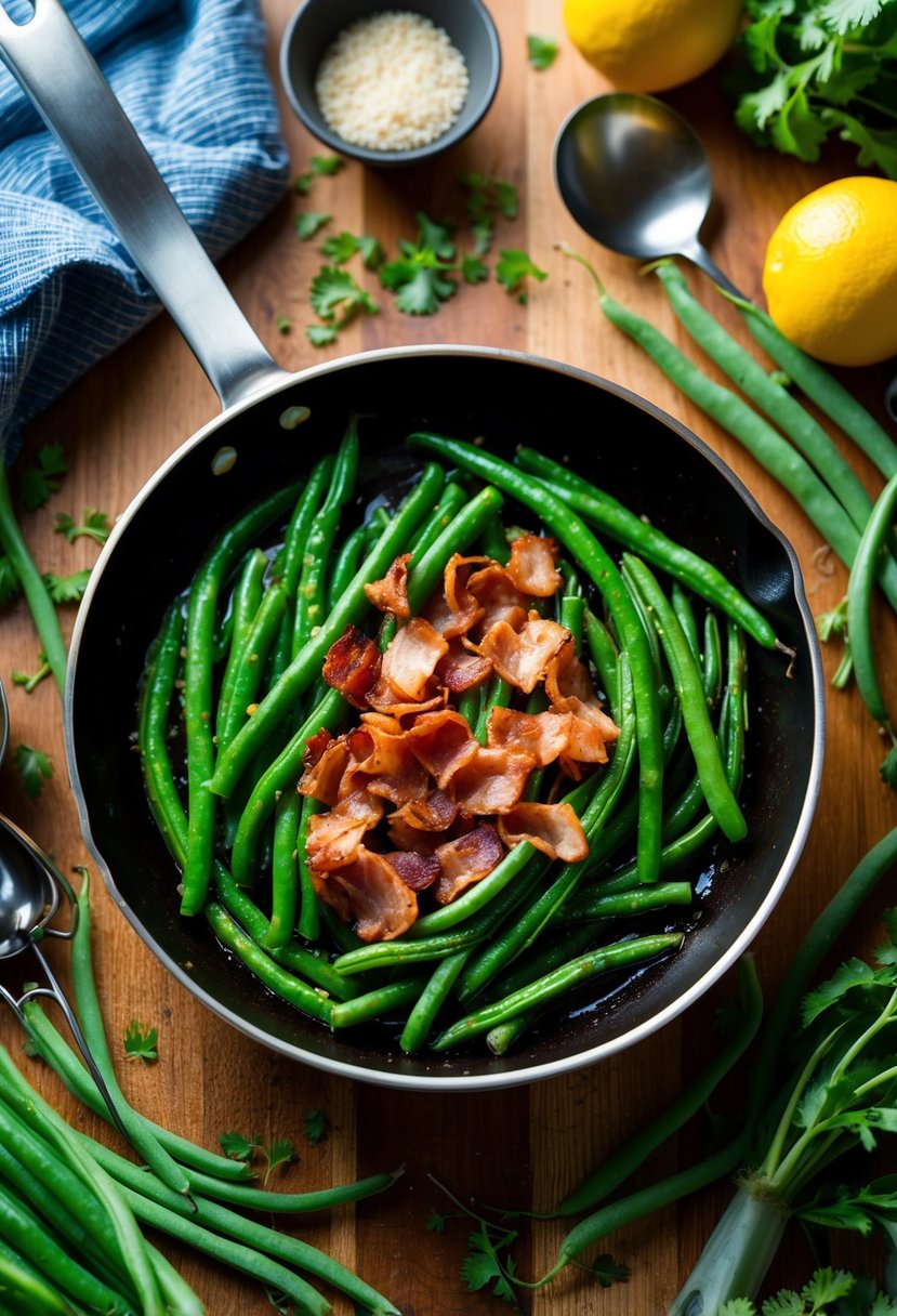 A sizzling skillet filled with green beans and crispy bacon, surrounded by fresh ingredients and cooking utensils