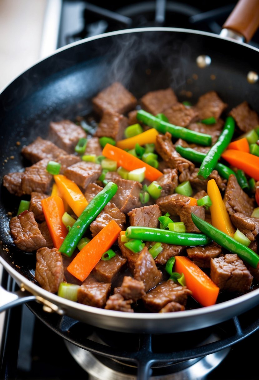 A sizzling pan of beef stir-fry with colorful vegetables cooking over high heat