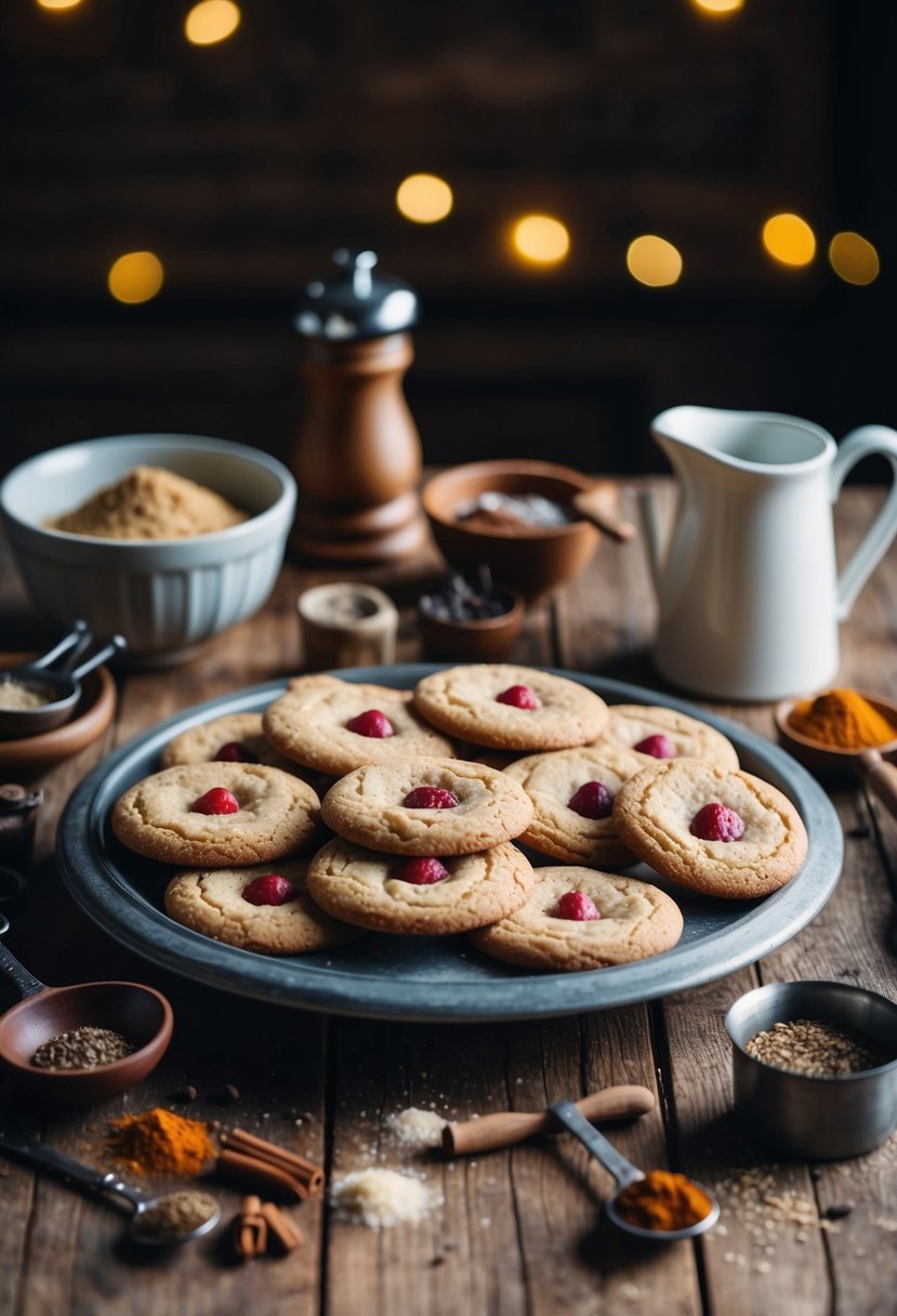 A cozy kitchen scene with a rustic wooden table filled with freshly baked Lebkuchen cookies, assorted spices, and vintage baking tools