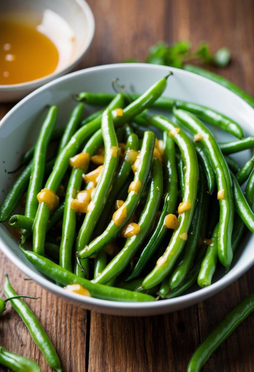 Fresh green beans tossed in a honey Dijon glaze, glistening with a light sheen. A small bowl of the glaze sits nearby