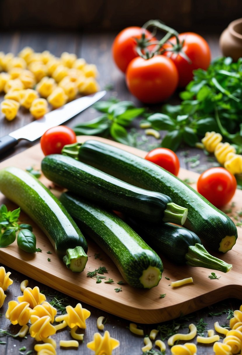 A rustic kitchen with fresh zucchinis and tomatoes on a wooden cutting board, surrounded by scattered pasta and herbs