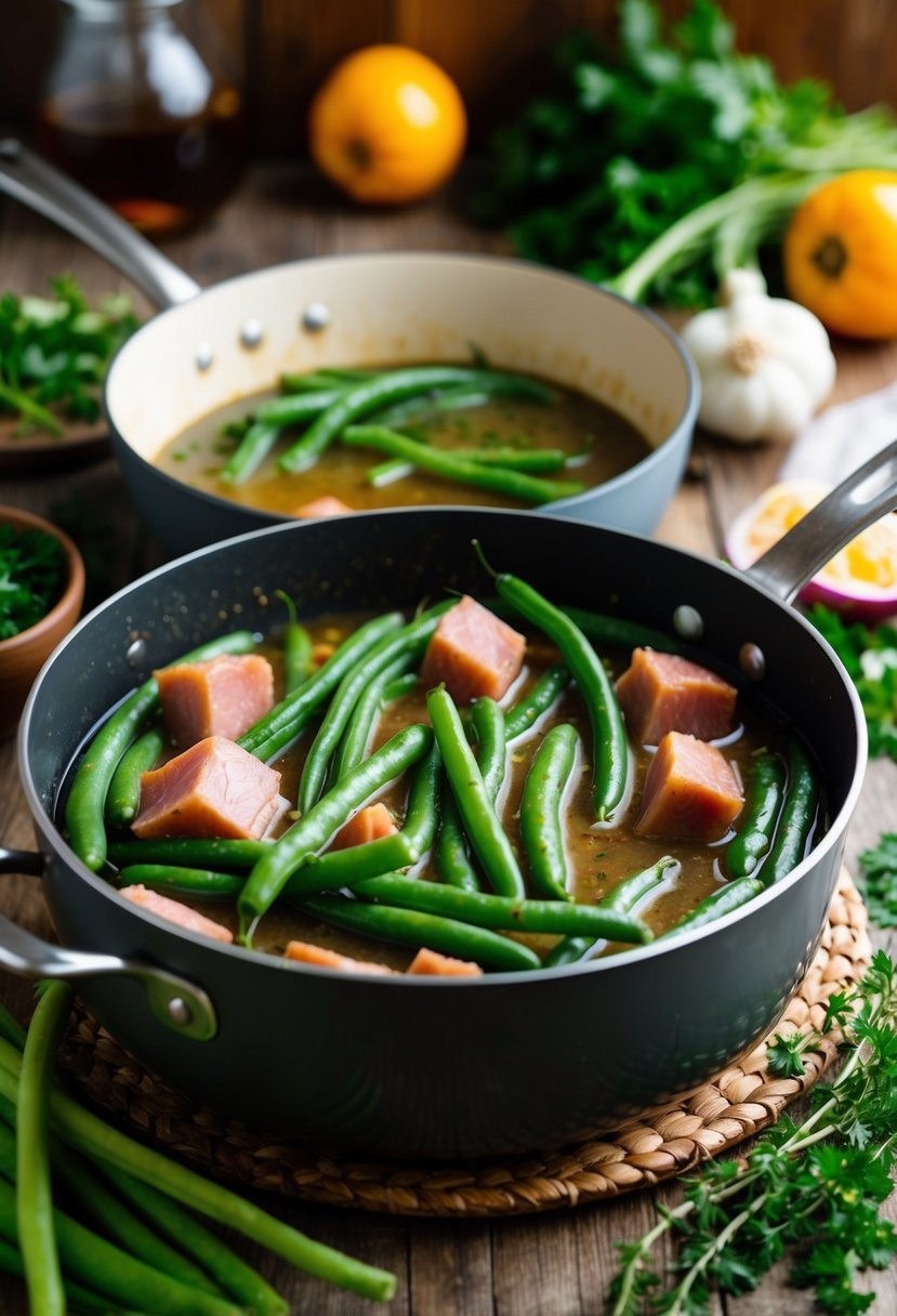 A rustic kitchen scene with a pot of simmering green beans and chunks of ham, surrounded by fresh vegetables and herbs