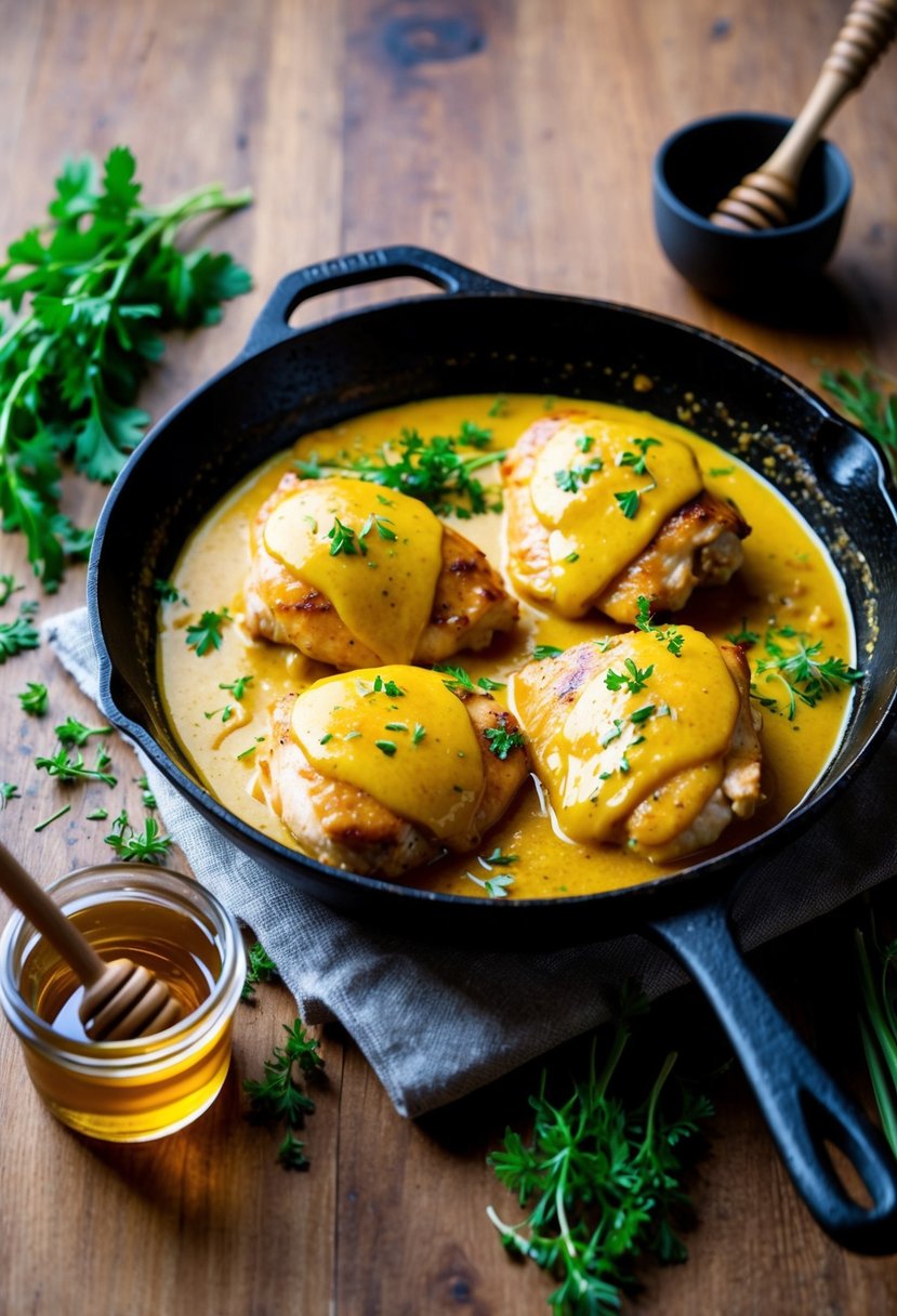 A sizzling skillet of creamy honey mustard chicken with a golden brown glaze, surrounded by fresh herbs and a drizzle of honey