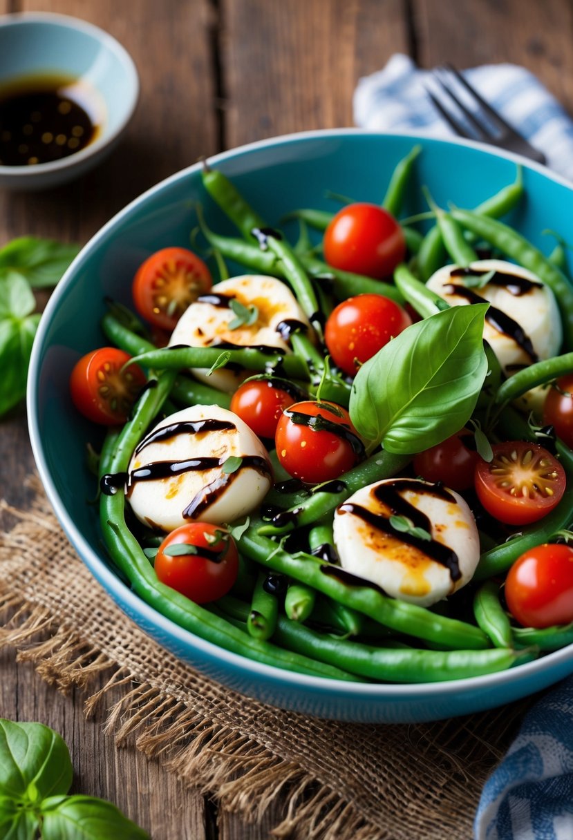 A vibrant bowl of green beans, cherry tomatoes, mozzarella, and basil, drizzled with balsamic vinaigrette, sits on a rustic wooden table