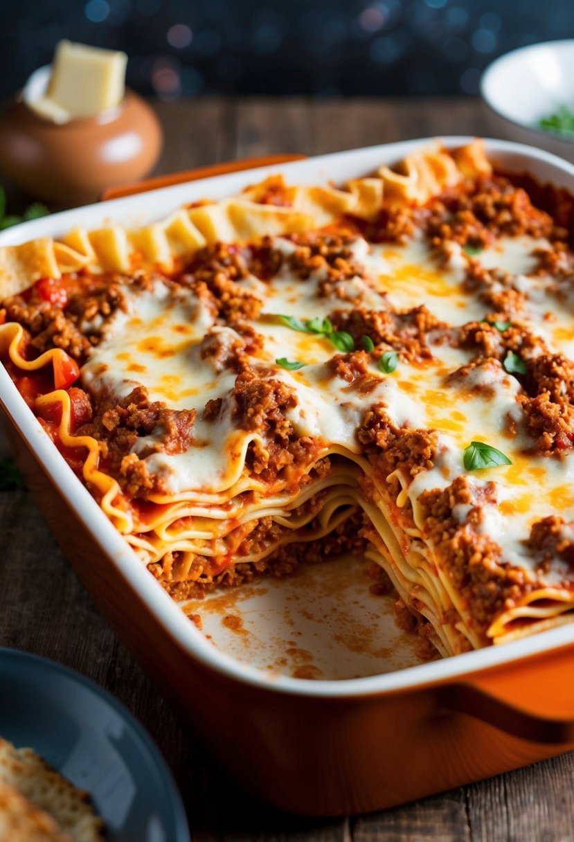 A bubbling pan of classic lasagna, layers of pasta, rich tomato sauce, creamy cheese, and savory ground meat, topped with a golden, crispy crust