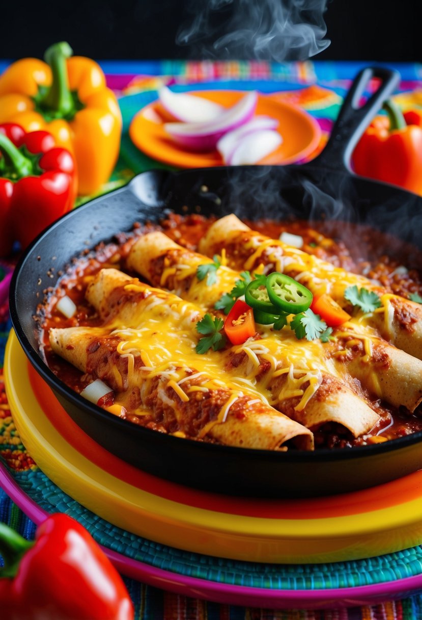 A sizzling skillet of spicy enchiladas, surrounded by colorful ingredients like peppers, onions, and cheese. A steaming dish of enchiladas sits on a vibrant table setting