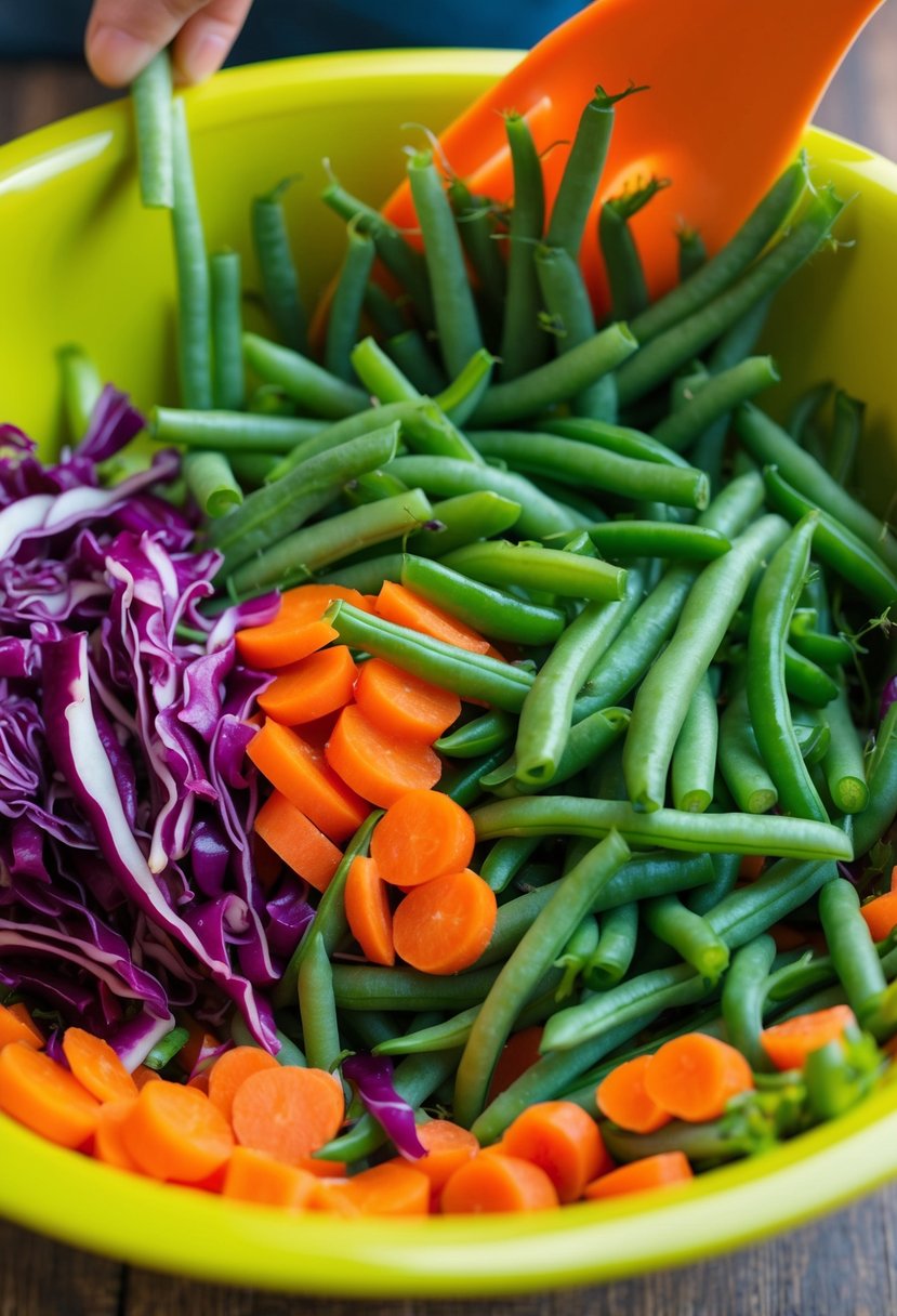 A colorful assortment of fresh green beans, carrots, and red cabbage are being sliced and mixed together in a large bowl, creating a vibrant and crunchy green bean slaw