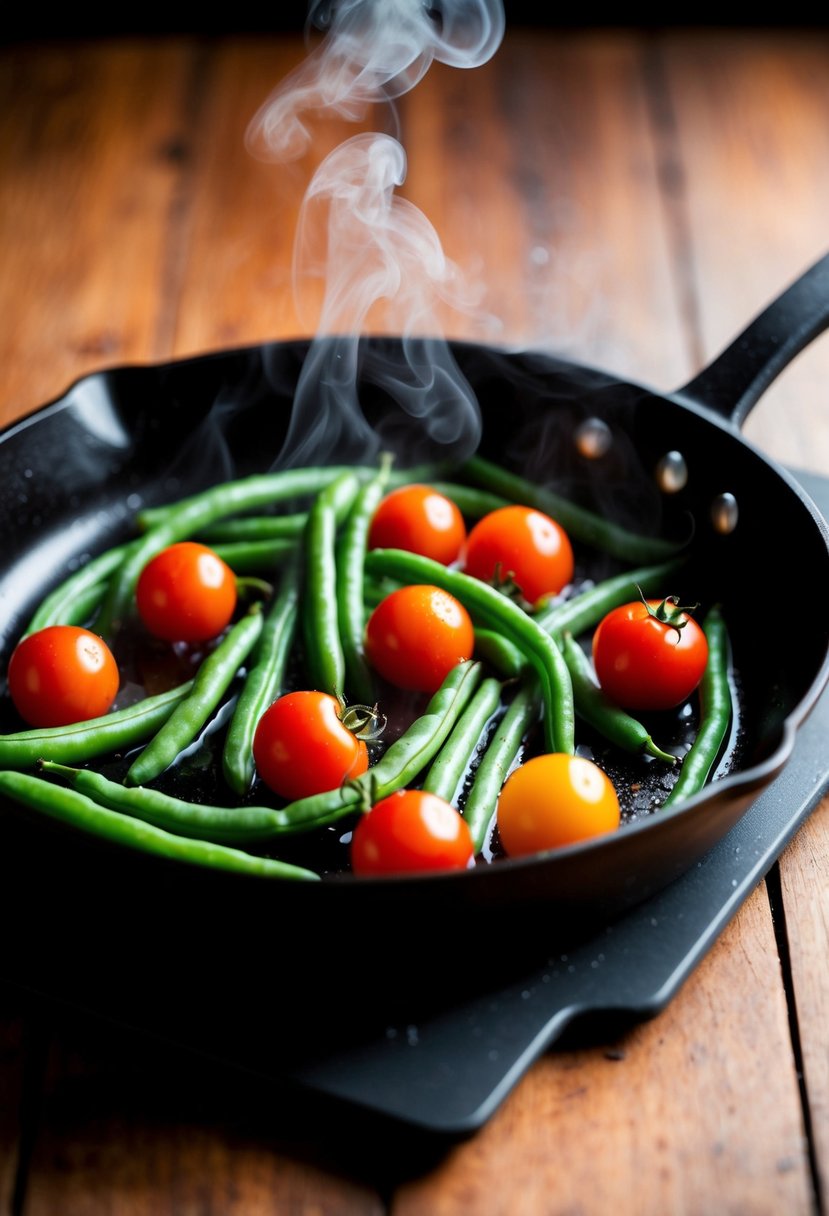 Fresh green beans and cherry tomatoes sizzling in a hot skillet, with steam rising and the vibrant colors popping against the dark pan