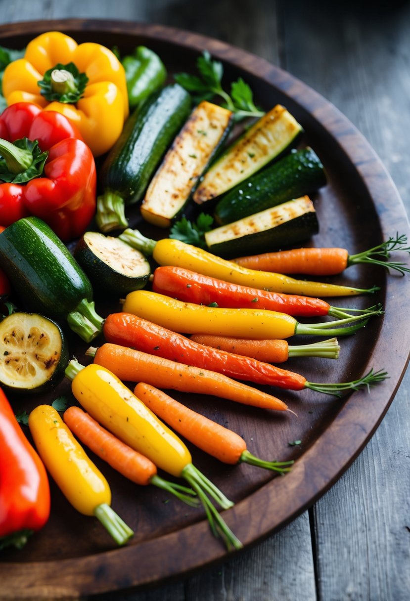 A colorful array of roasted vegetables, including bell peppers, zucchini, and carrots, arranged in an artful medley on a rustic wooden platter