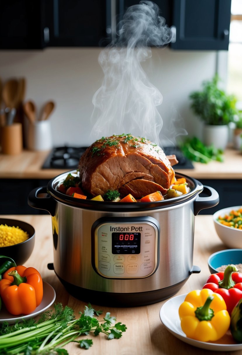 A steaming pot roast surrounded by colorful vegetables in an Instant Pot, with the aroma of savory herbs and spices filling the kitchen