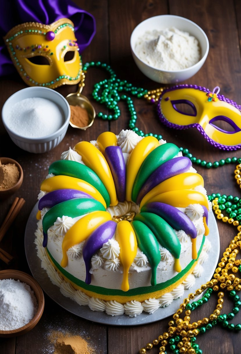 A colorful Mardi Gras King Cake surrounded by ingredients like flour, sugar, and cinnamon, with a festive mask and beads nearby