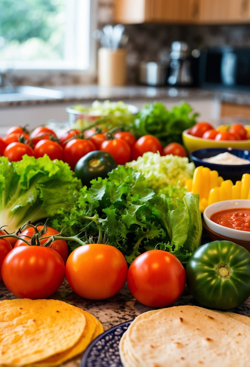 A colorful array of fresh ingredients laid out on a kitchen counter, including vibrant tomatoes, crisp lettuce, zesty salsa, and warm tortillas